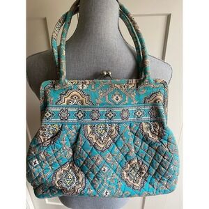 Vera Bradley Handbag Purse Tote Silver Snap Closure Fabric Teal Brown